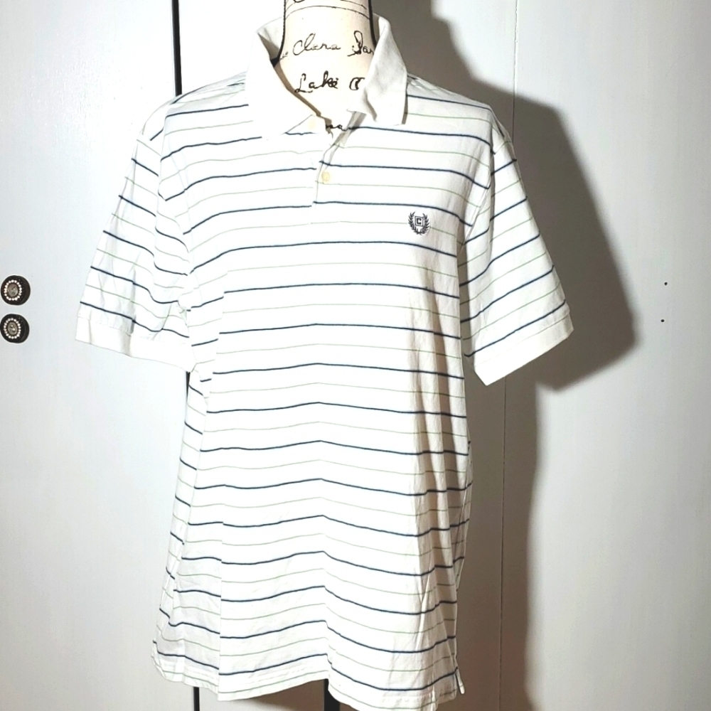 Chaps|Mens White Polo Blue & Geen Pinstripes Preppy Sz.Large